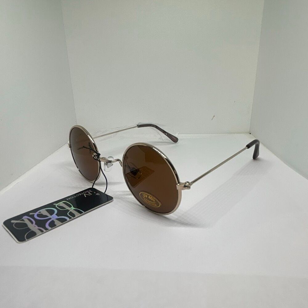 Round Retro Sunglasses Brown Lens Gold Frame Vintage Y2K Style UV400